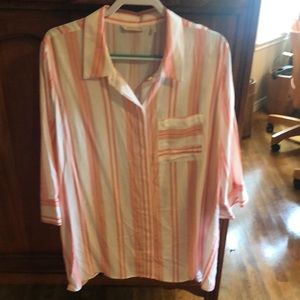 Orange and white soft button down blouse. Fun back